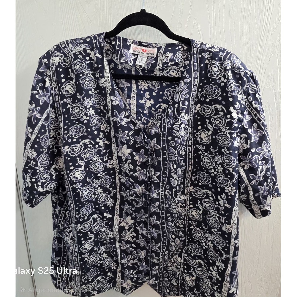 Vtg STUNT COLLECTION 100% SILK Blue Floral SHORT SLEEVE BUTTON UP SHIRT  2x